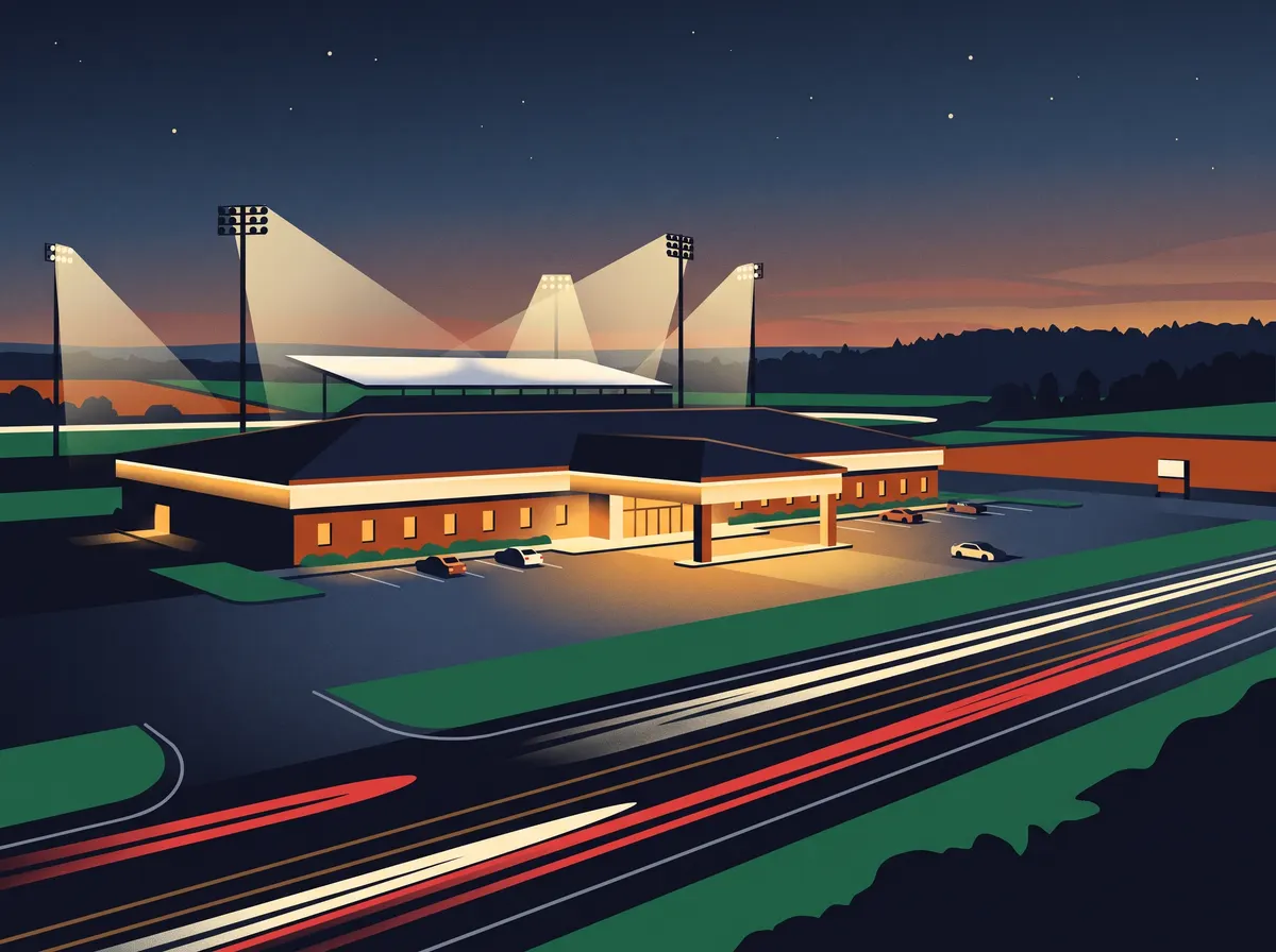 Illustration d'un casino de campagne bas, à l'entrée éclairée sous une marquise, au bord d'une route à deux voies au crépuscule, avec les projecteurs d'une piste de courses attelées derrière.