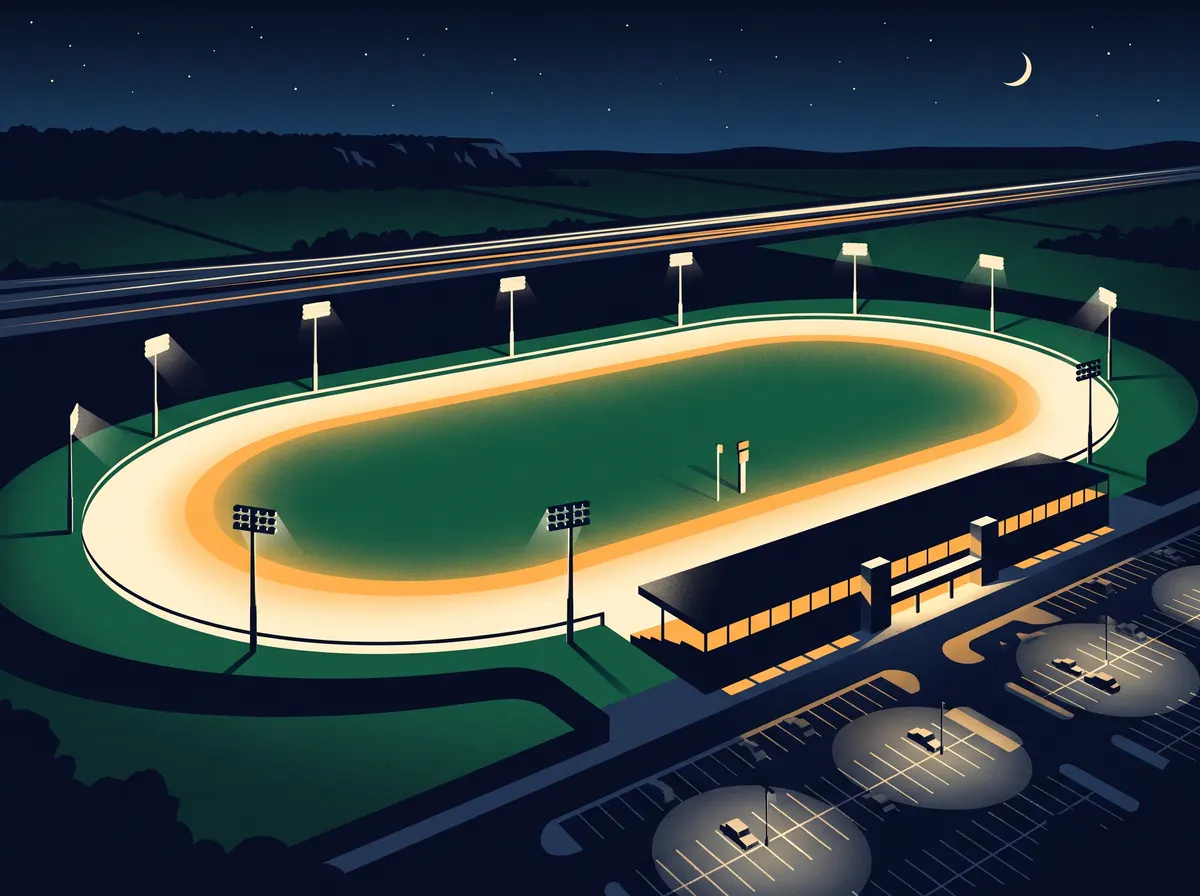 Illustration d'une piste ovale de courses attelées éclairée par des projecteurs, la nuit, avec une longue tribune, une autoroute aux traînées lumineuses et une crête boisée au loin