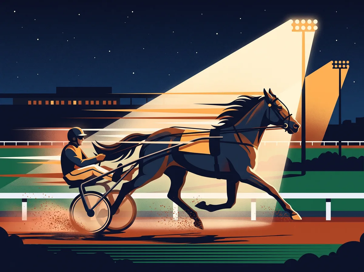 Illustration of a harness horse pulling a driver in a two-wheeled sulky at speed along a floodlit track at night