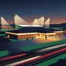 Illustration of the low casino building beside Flamboro's harness track on Highway 5 at dusk
