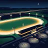 Illustration of a floodlit harness racing oval and grandstand at night